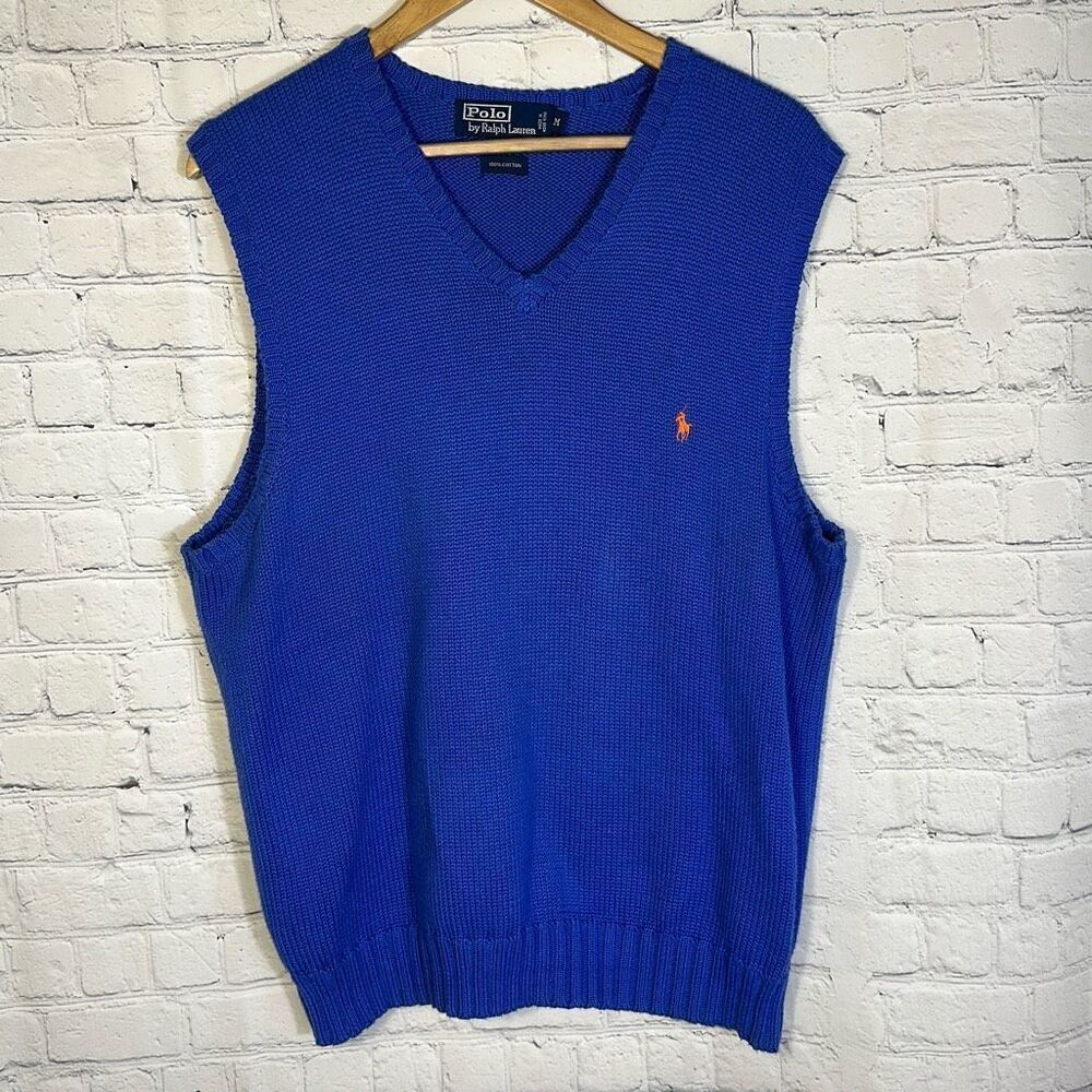 Vintage Polo Ralph Lauren Blue Vneck Golf Sweater size M Medium cotton READ